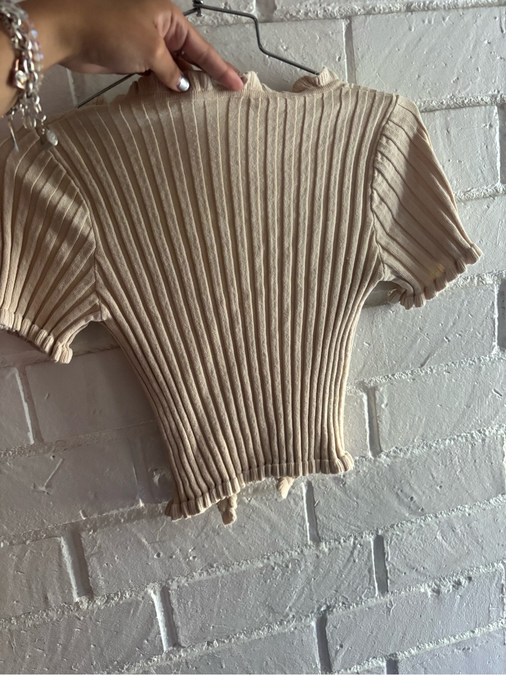 Ribbed Ruffle Button-Front Crop Top - Cream - Picture 7 of 9